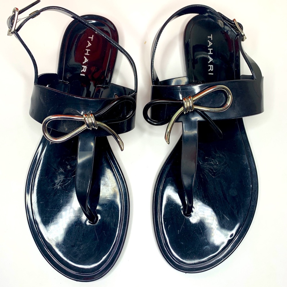 Tahari Ta-Jay Black Flat Jelly Sandal Silver Bow Womens Size 8